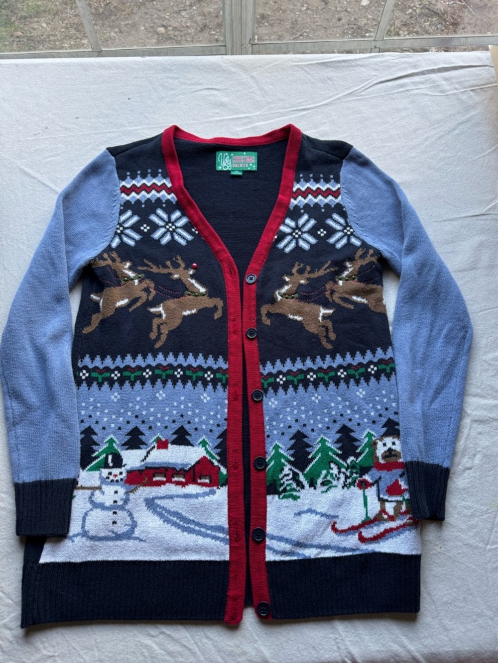 Ugly Christmas Sweater Cardigan Reindeer Snowman size S